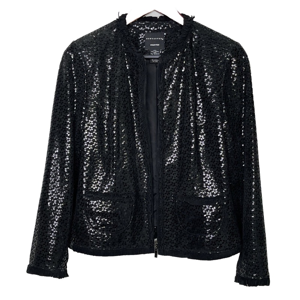 Doncaster Collection Black Leather Floral Zip Fringe Blazer Jacket Coat Suit 10